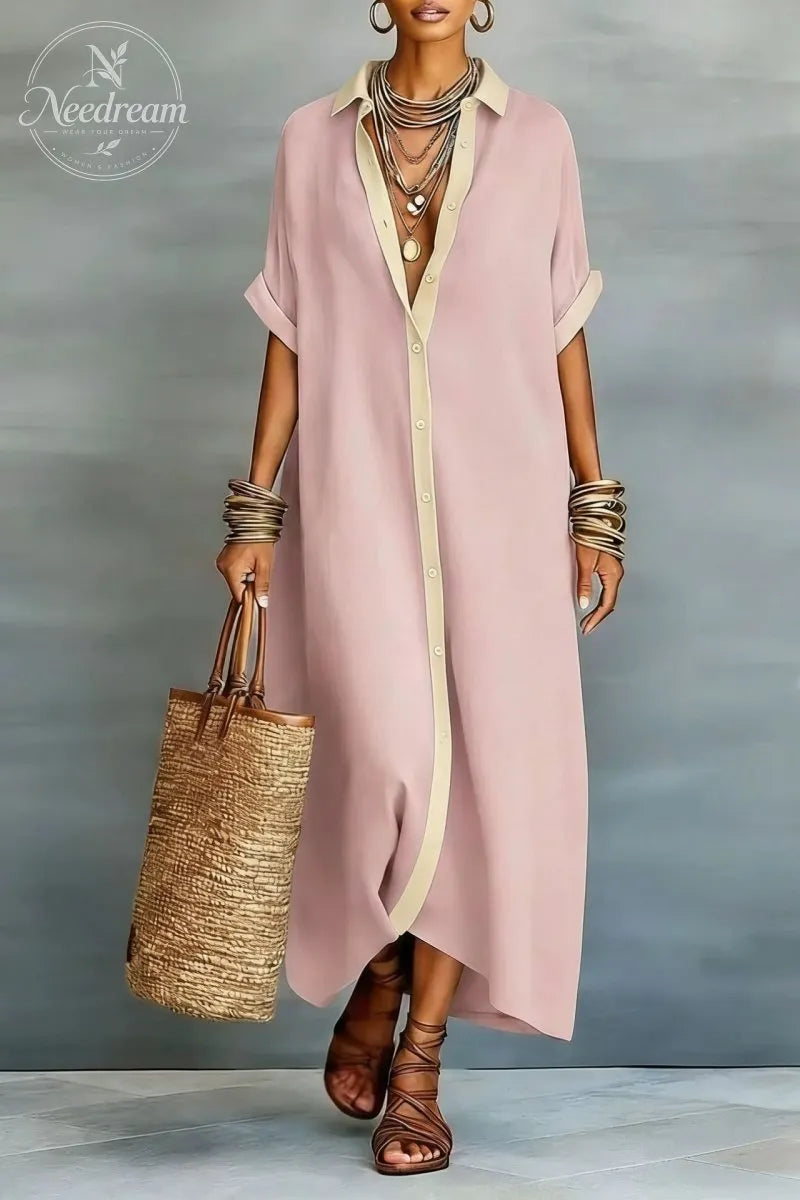 Women's Minimalist Linen Blend Short-sleeved Shirt Maxi Dress