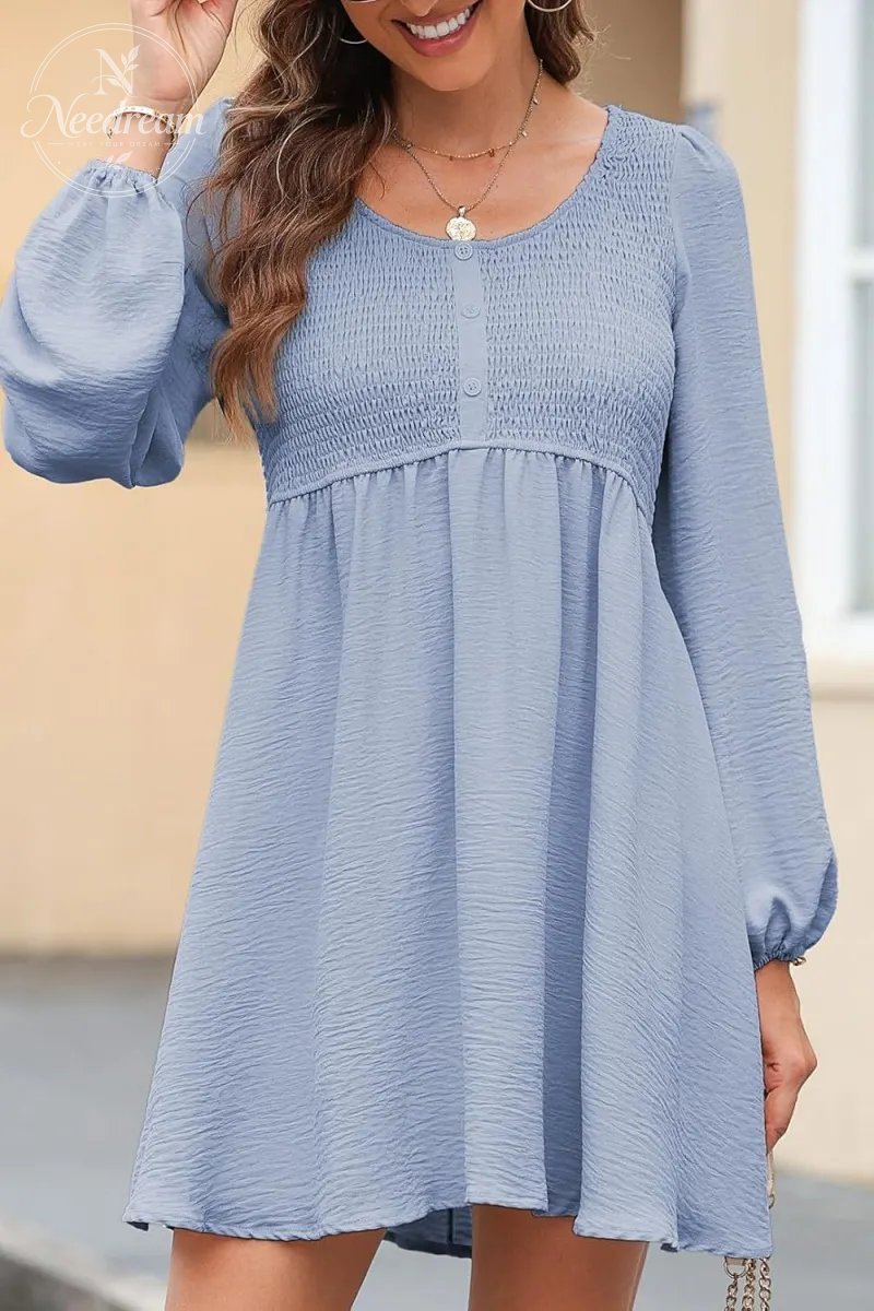 Smocked Crewneck Button Up Long Sleeve Empire Waist A-Line Mini Dress