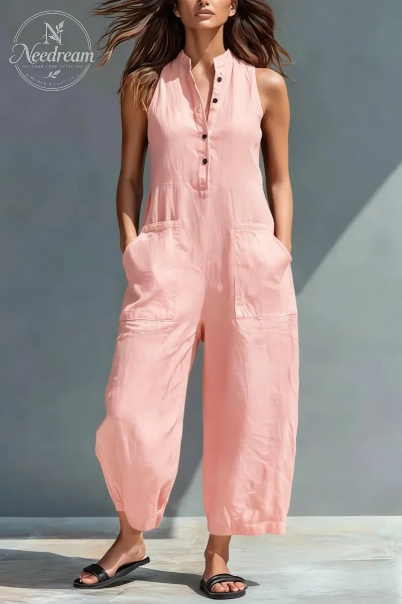Women's Minimalist Linen Blend Button-up Stand-collar Sleeveless Loose Jumpsuit