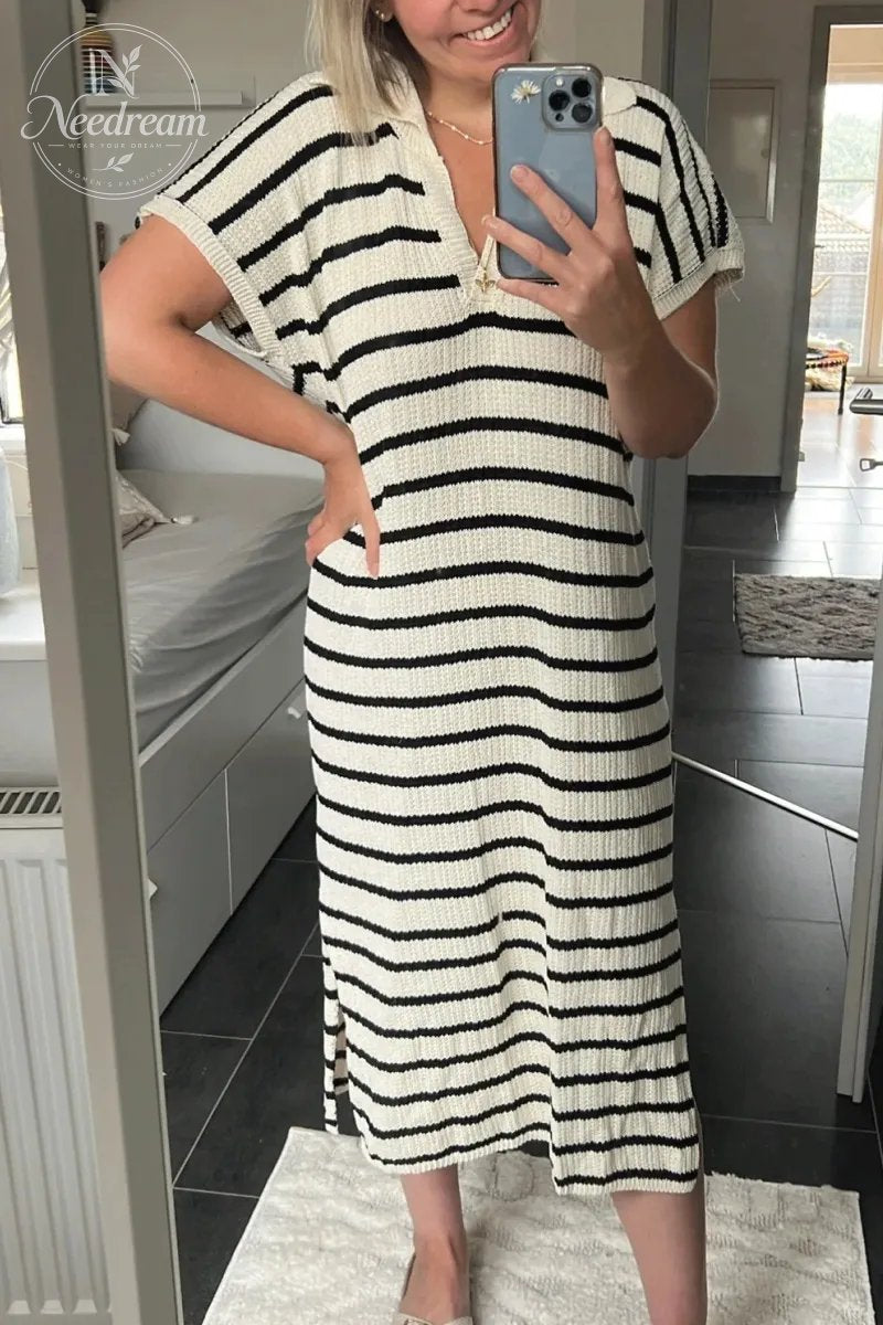 Womens Striped Summer Dresses Short Sleeve V Neck Knit Collared Sexy Slit Loose Maxi Sweater Dress