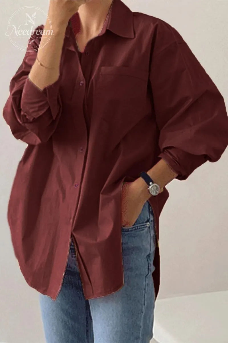 Women's Plain Button Front Drop Shoulder Shirt Blouse