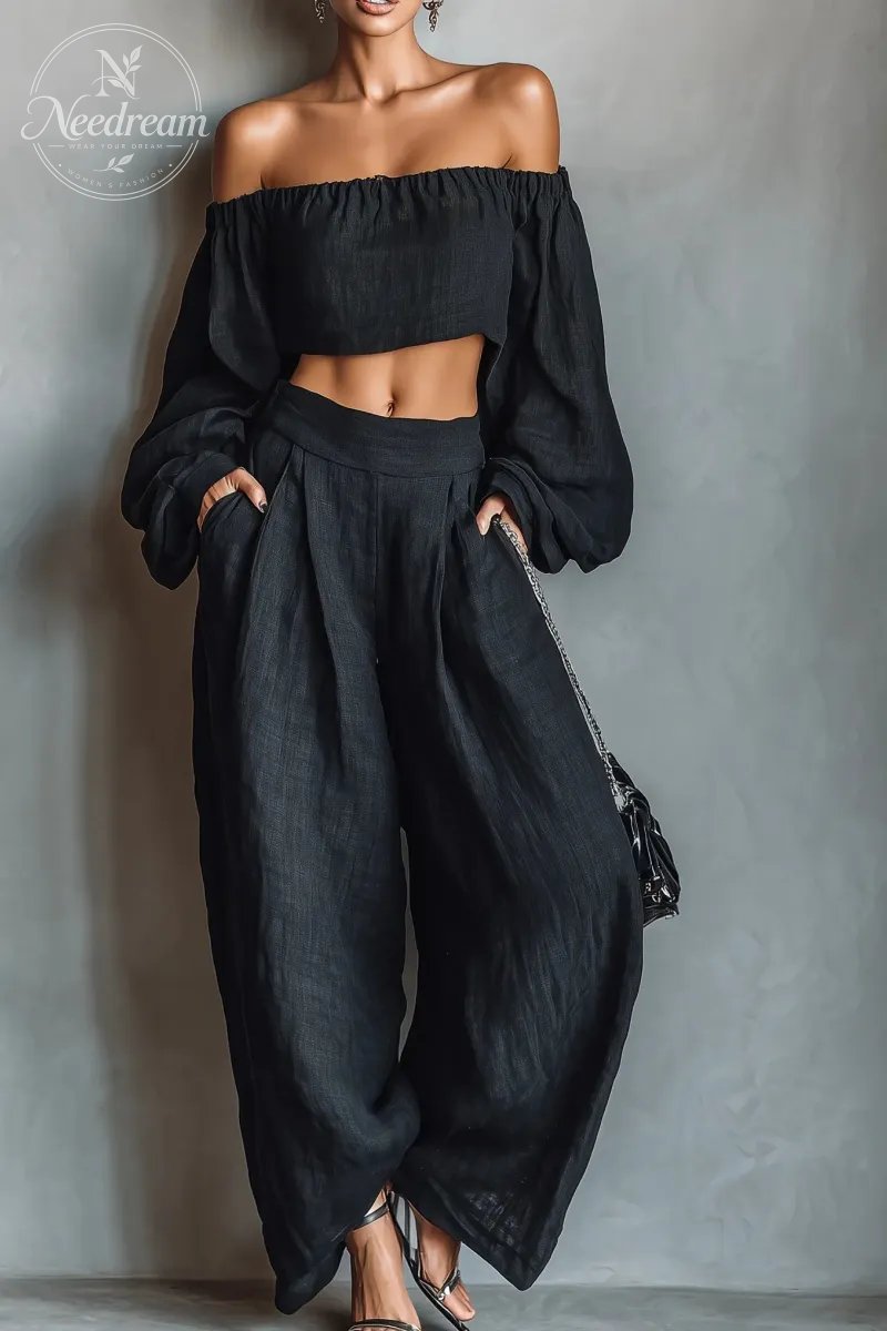 Women's Minimalist Linen Blend Strapless Long-sleeved Blouse And Wide-leg Pants Set