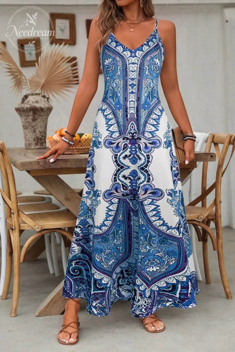 Women's Floral Print Dress, Boho Sleeveless Spaghetti Strap Maxi Dress
