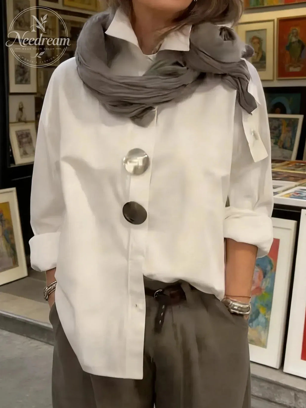 Elegant Stand-collar Metal Buttons Blouse