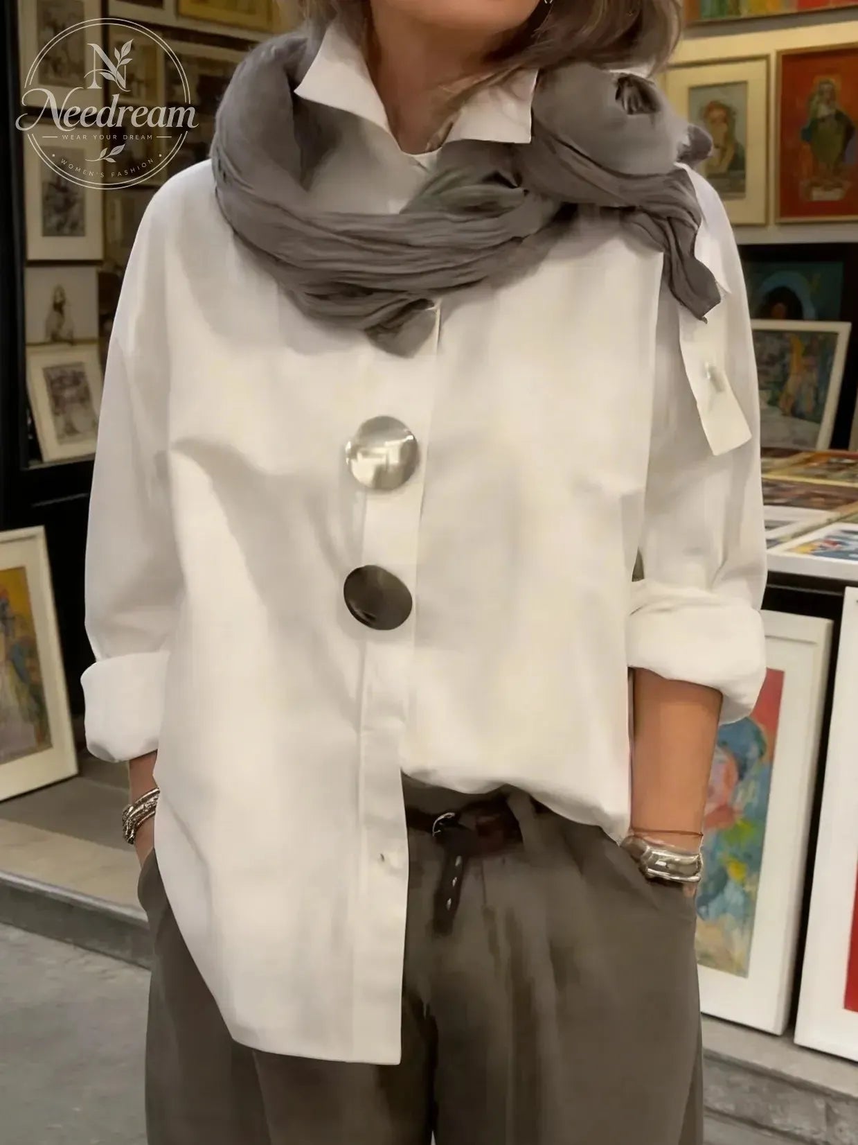 Elegant Stand-collar Metal Buttons Blouse
