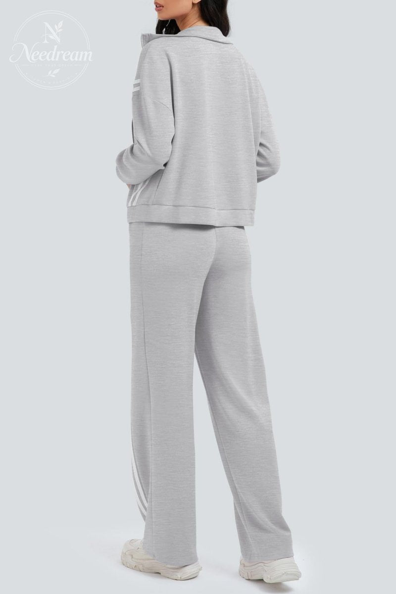 Zippered Tracksuit With Color-blocked Striped Wide-leg Pants