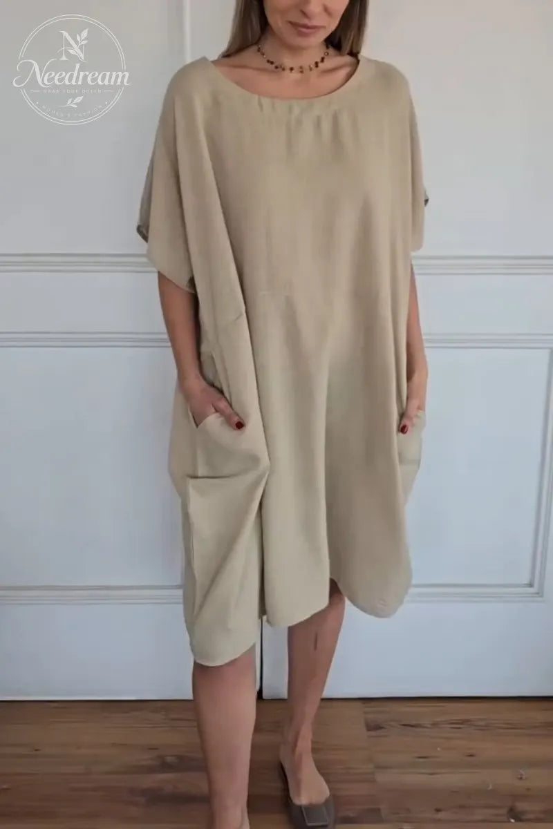 Solid Midi Dress With Short Sleeves