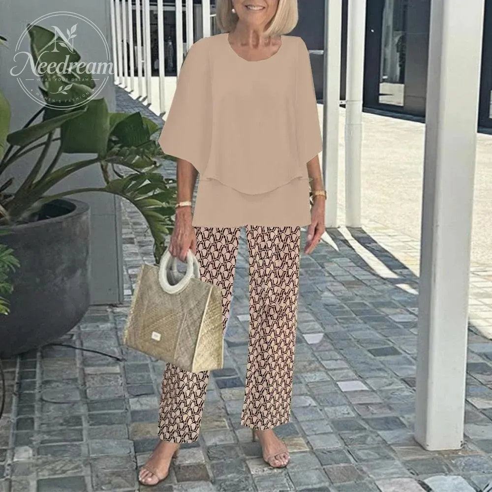 Women's Round Neck Mid-Sleeve Top With Floral Print Pants Set Two-Piece