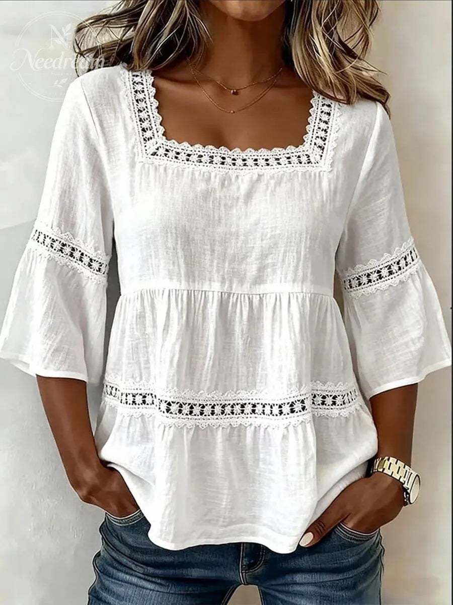 Women'S White Boho Blouse Crochet Lace Trim Bell Sleeve Tiered Flowy Top