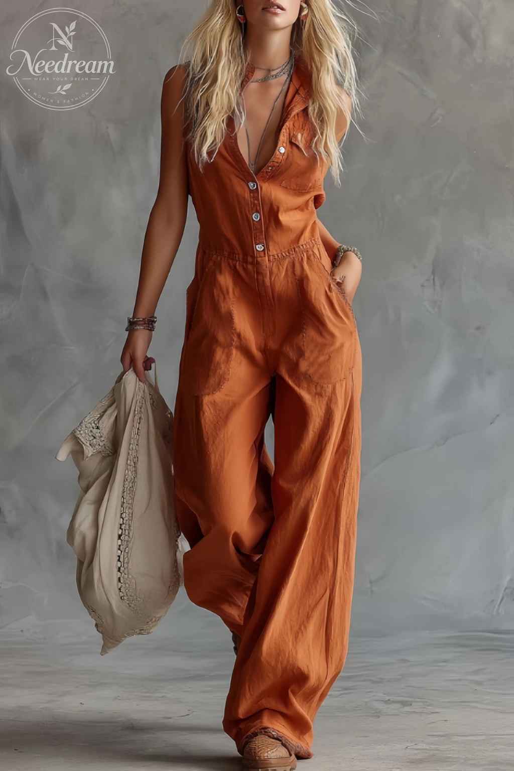 V-Neck Front-Button Sleeveless Jumpsuit