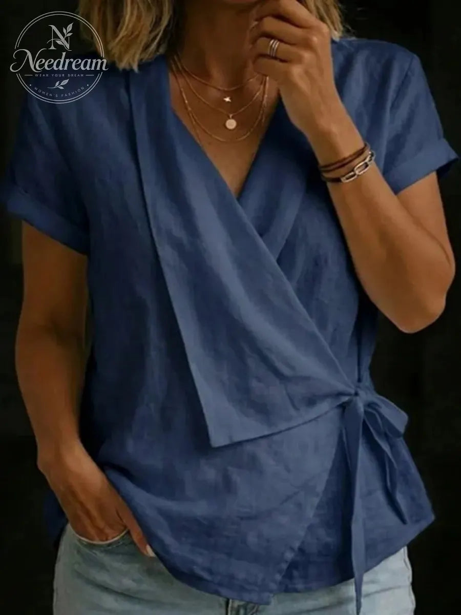 Cotton And Linen Wrap Detail V Neck Short Sleeve Irregularly Shaped Hem Casual Blouse