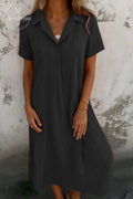 Loose-Fitting Short-Sleeved Cotton And Linen Shirt Dress