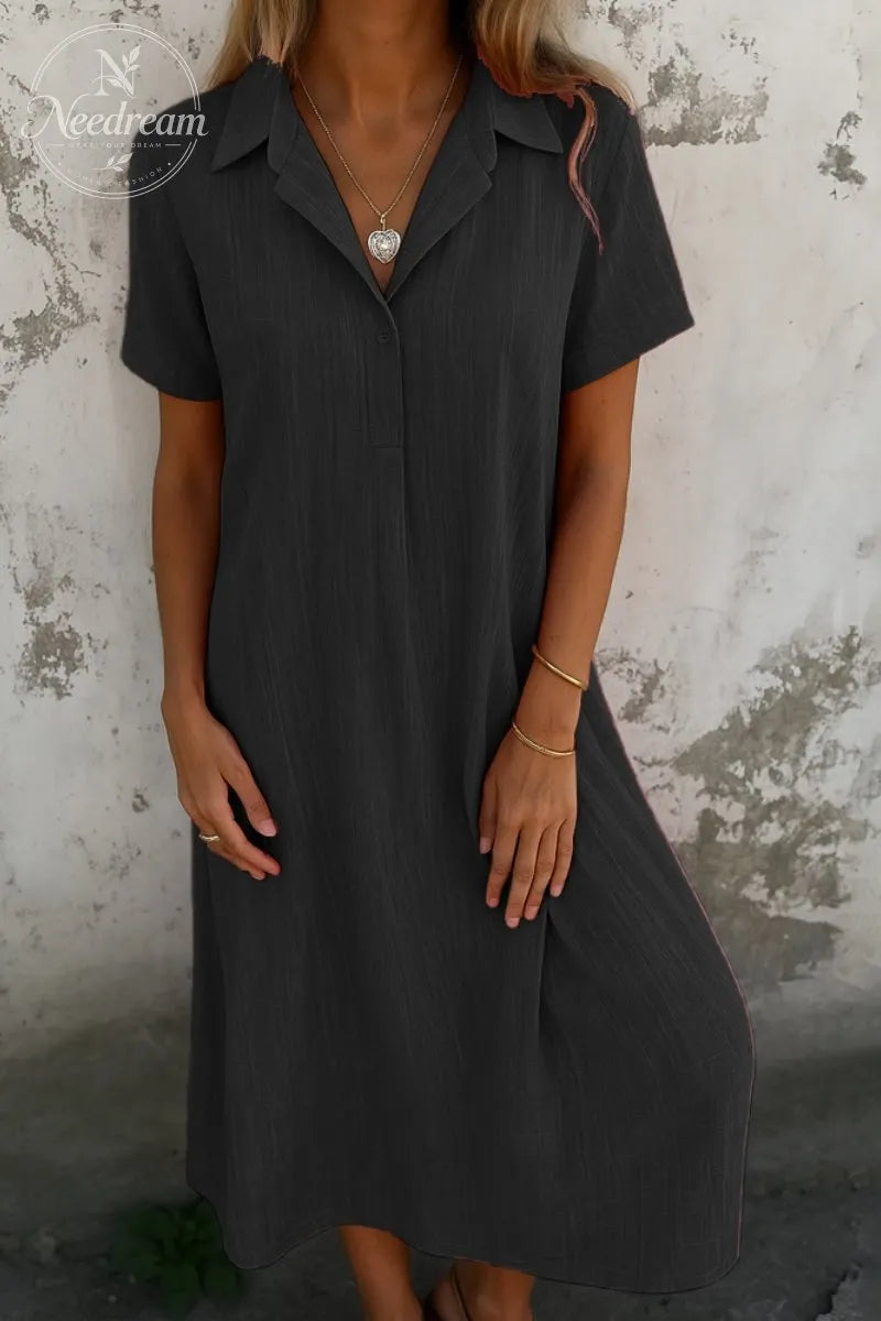 Loose-Fitting Short-Sleeved Cotton And Linen Shirt Dress