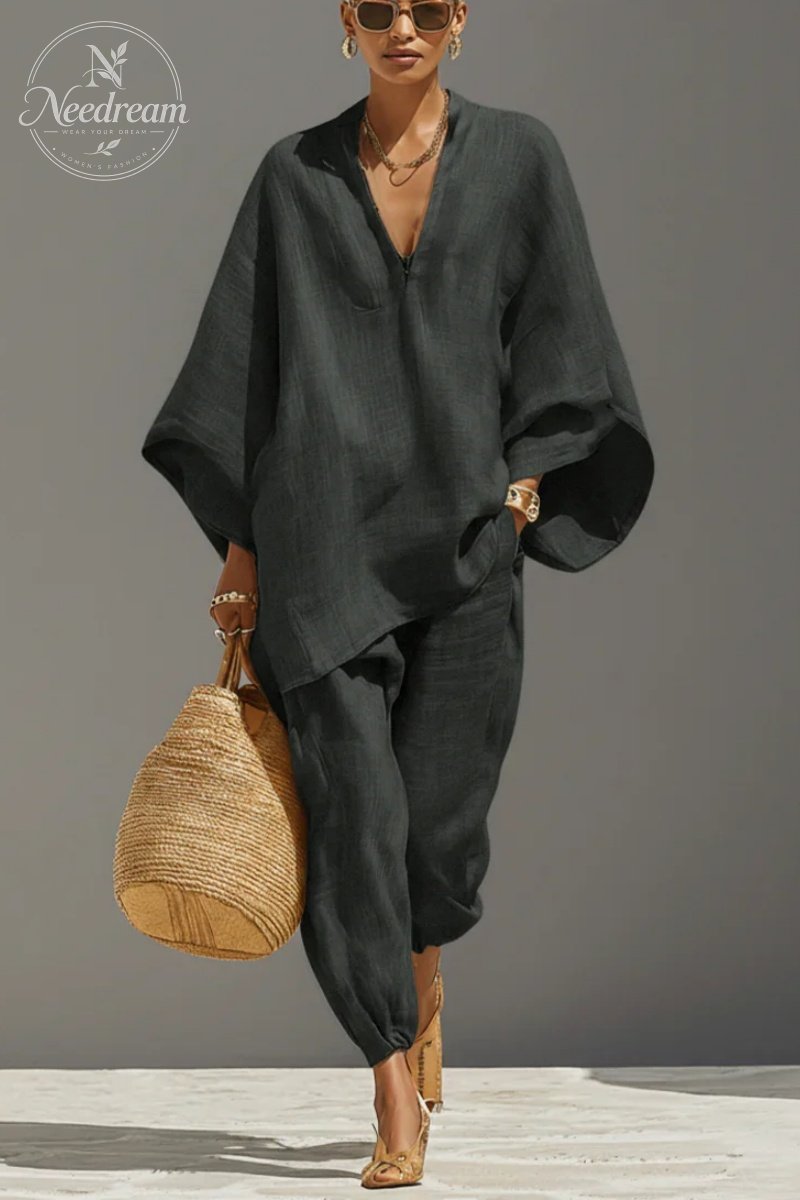 Women's Neutral Linen Set With Asymmetric Hem & Minimalist Design, Sophisticated Daily-Casual Style Set