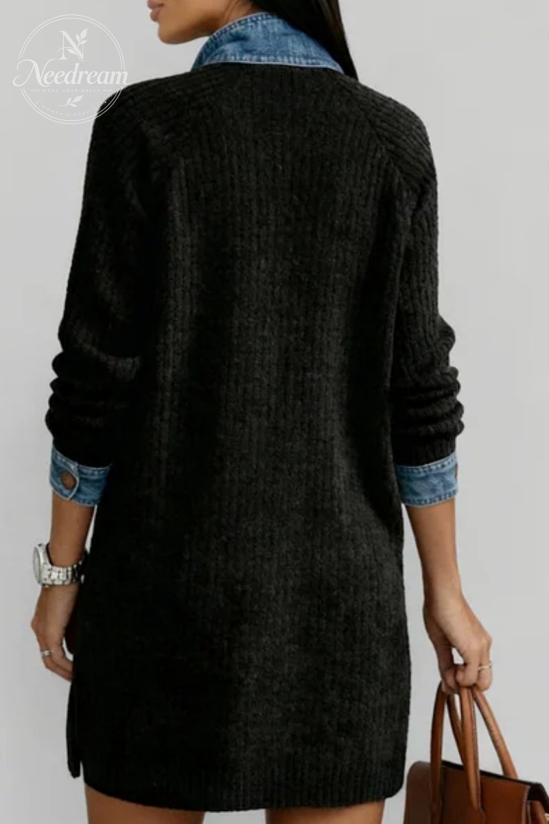 Women's Casual Knitted Patchwork Denim Shirt Collar Button Long Sleeve Mini Dress