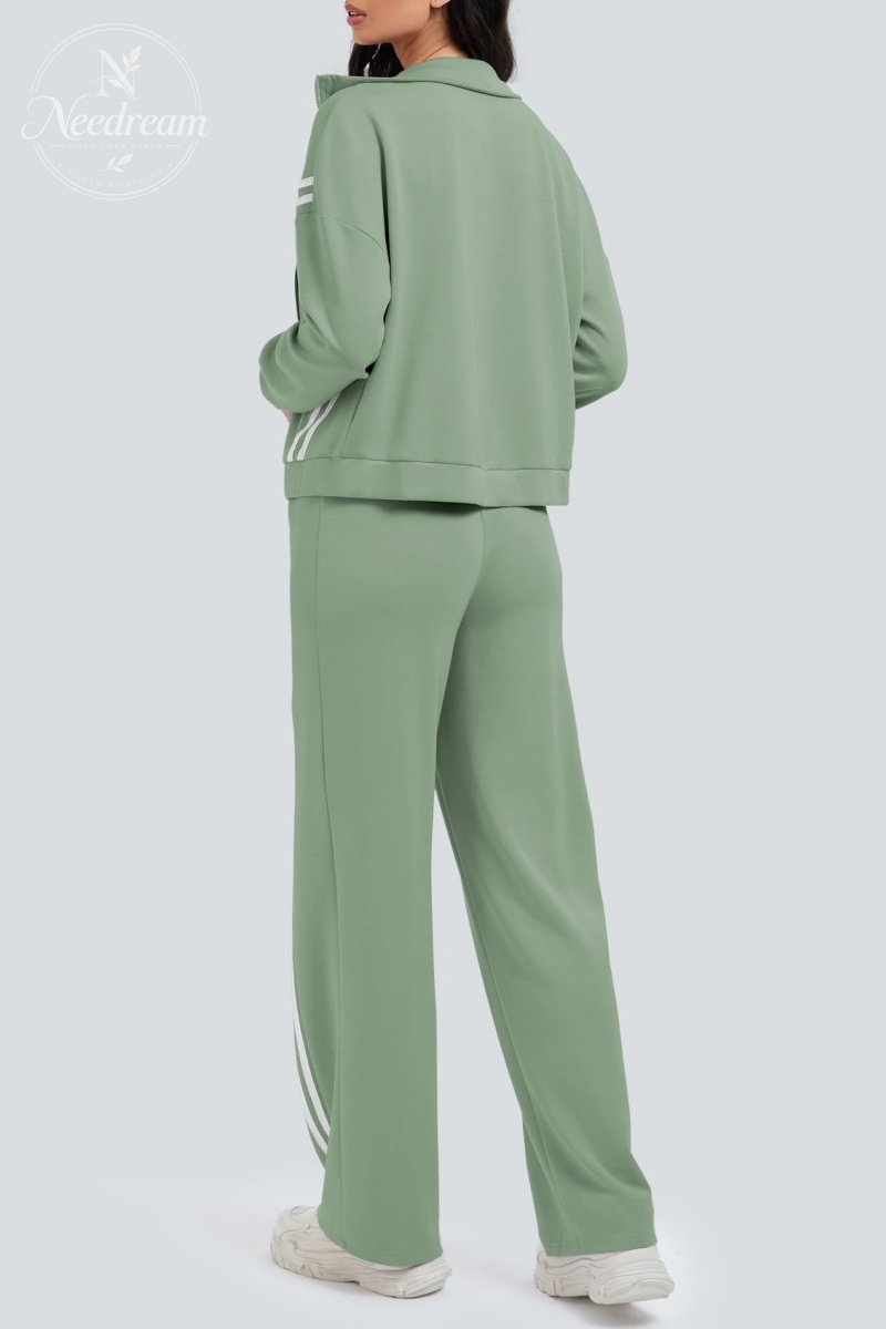 Zippered Tracksuit With Color-blocked Striped Wide-leg Pants