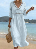 Women Cotton Maxi 3/4 Sleeve V Neck Pleated Lace Dress