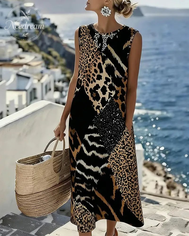 Patchwork Leopard Print Sleeveless Long Dress