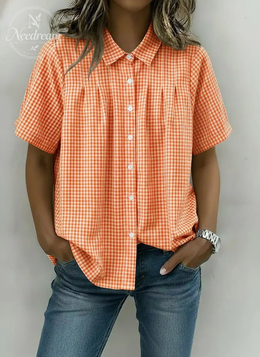 Women's Casual Gingham Checkered Shirt - Relaxed Fit Plaid Blouse