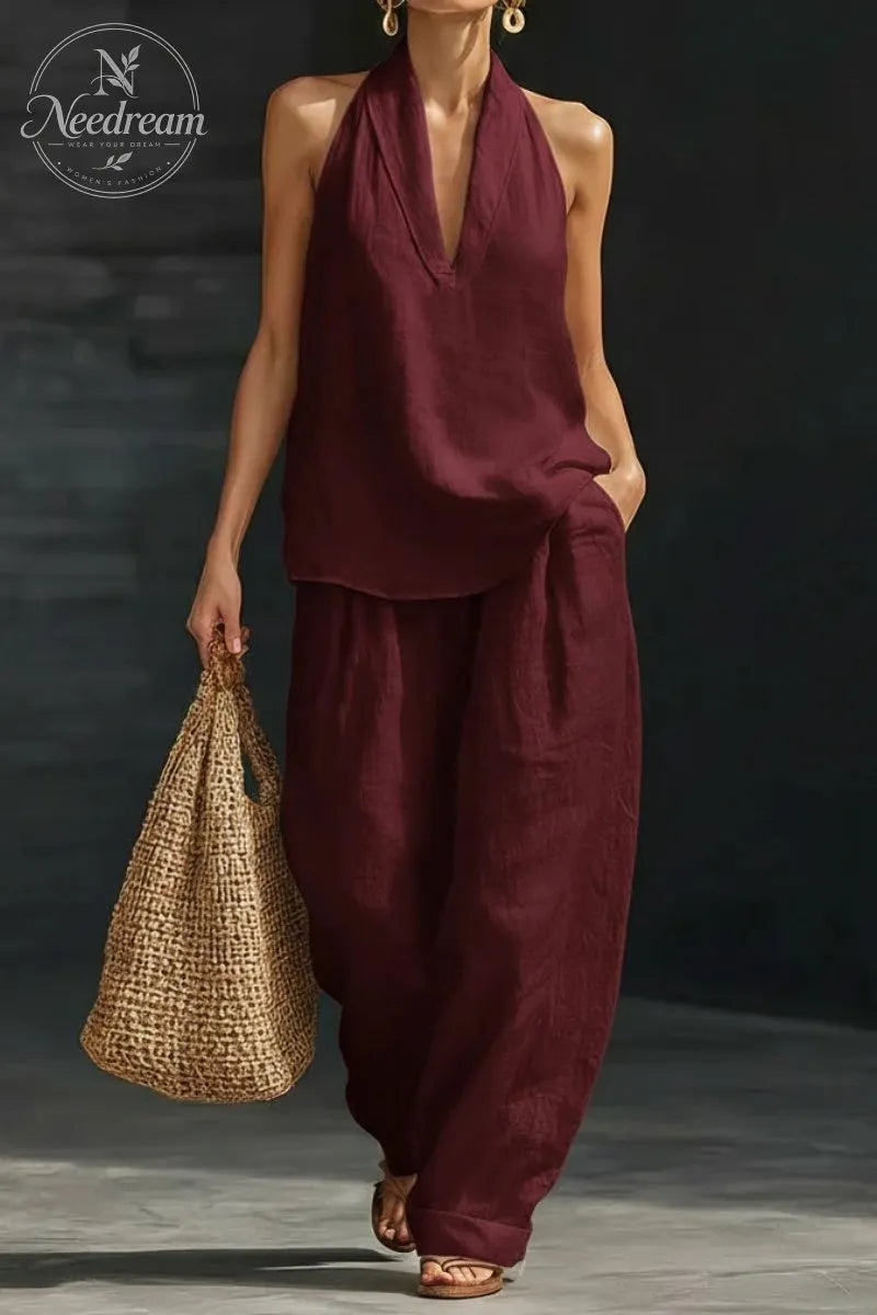 Women's V-neck Top + Tencel Linen Casual Suit