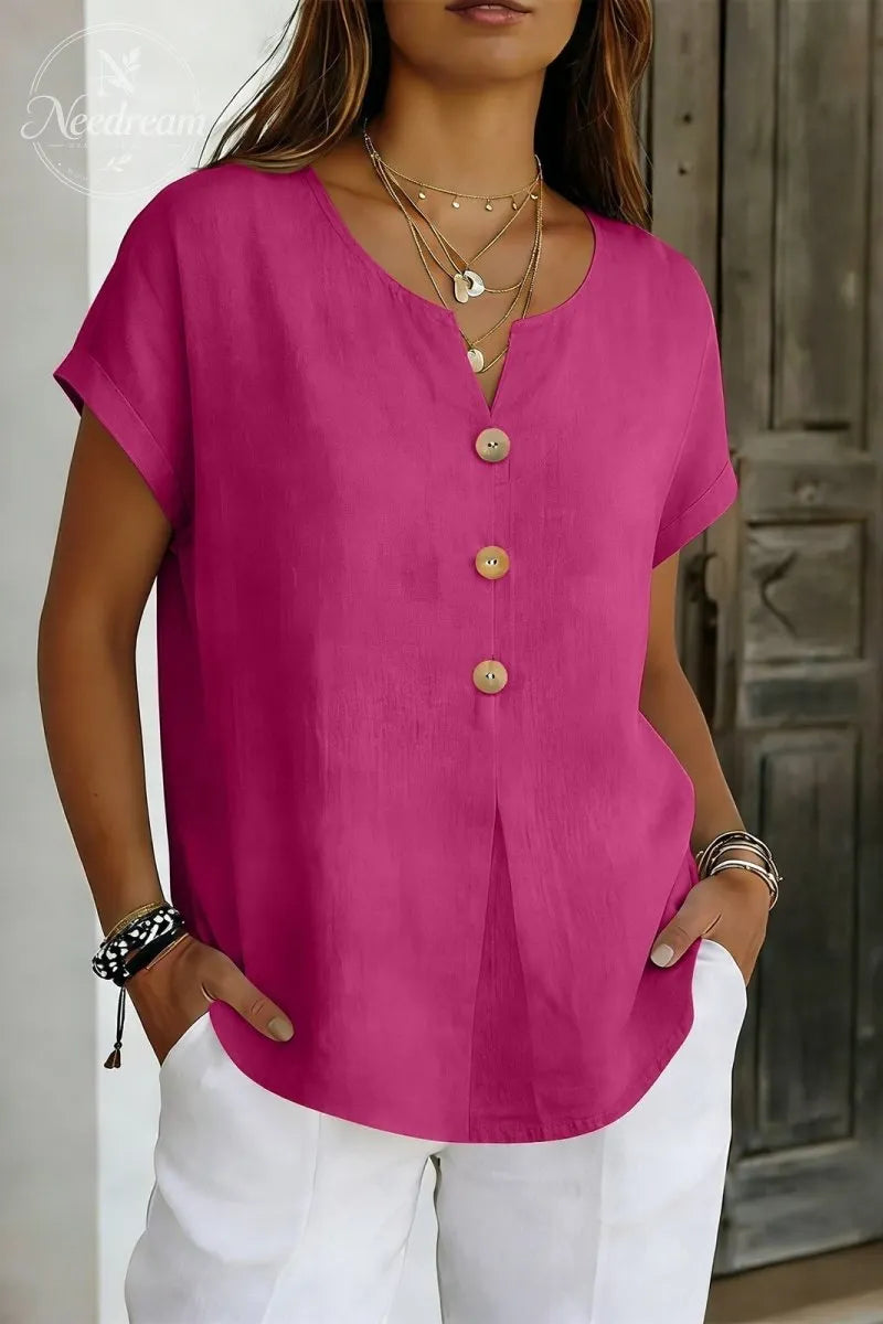Decor Button Short Sleeve Blouse