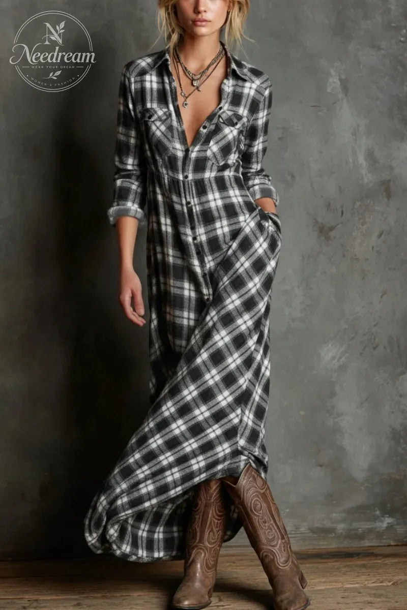Women's Plaid Lapel Single-Breasted Shirt Maxi Dress