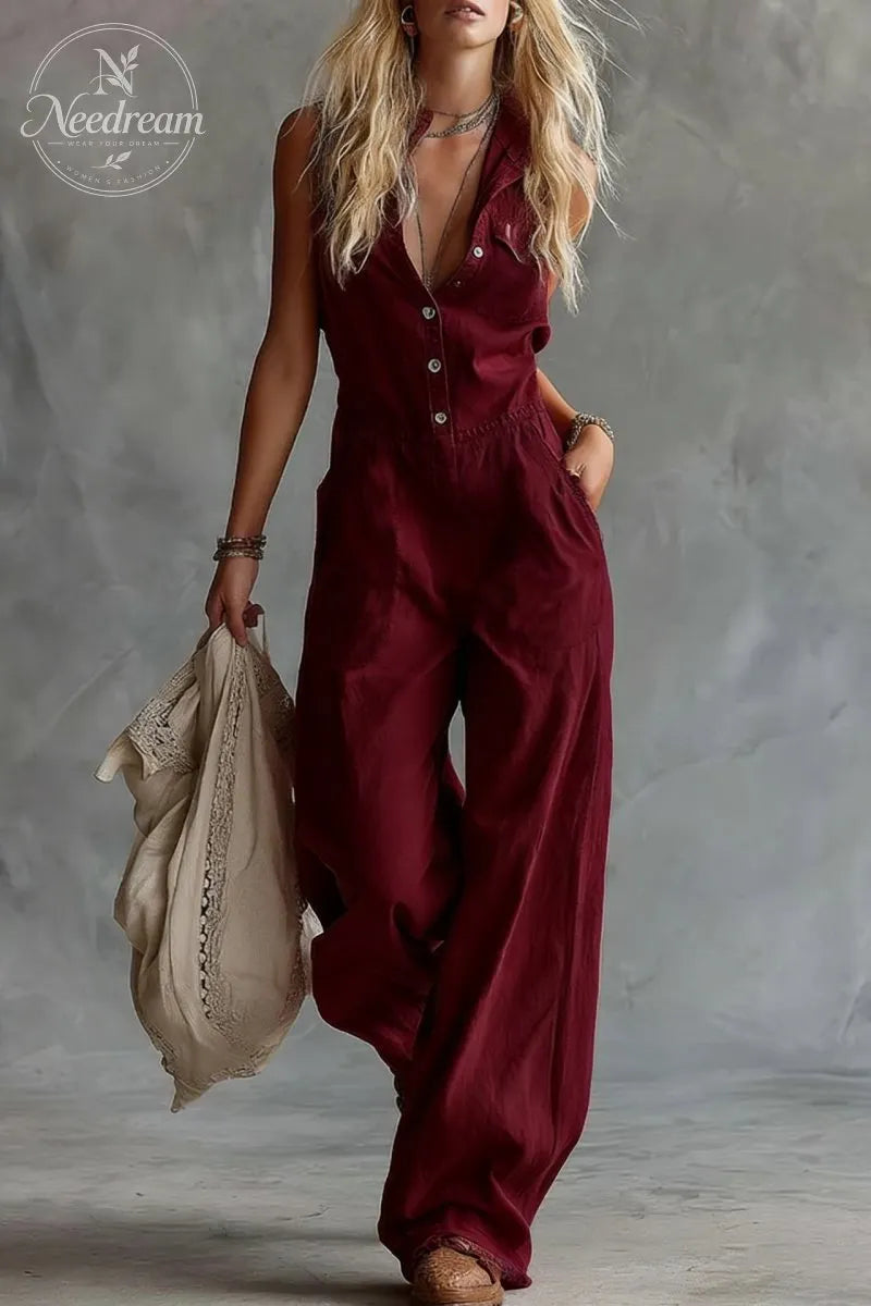 V-Neck Front-Button Sleeveless Jumpsuit