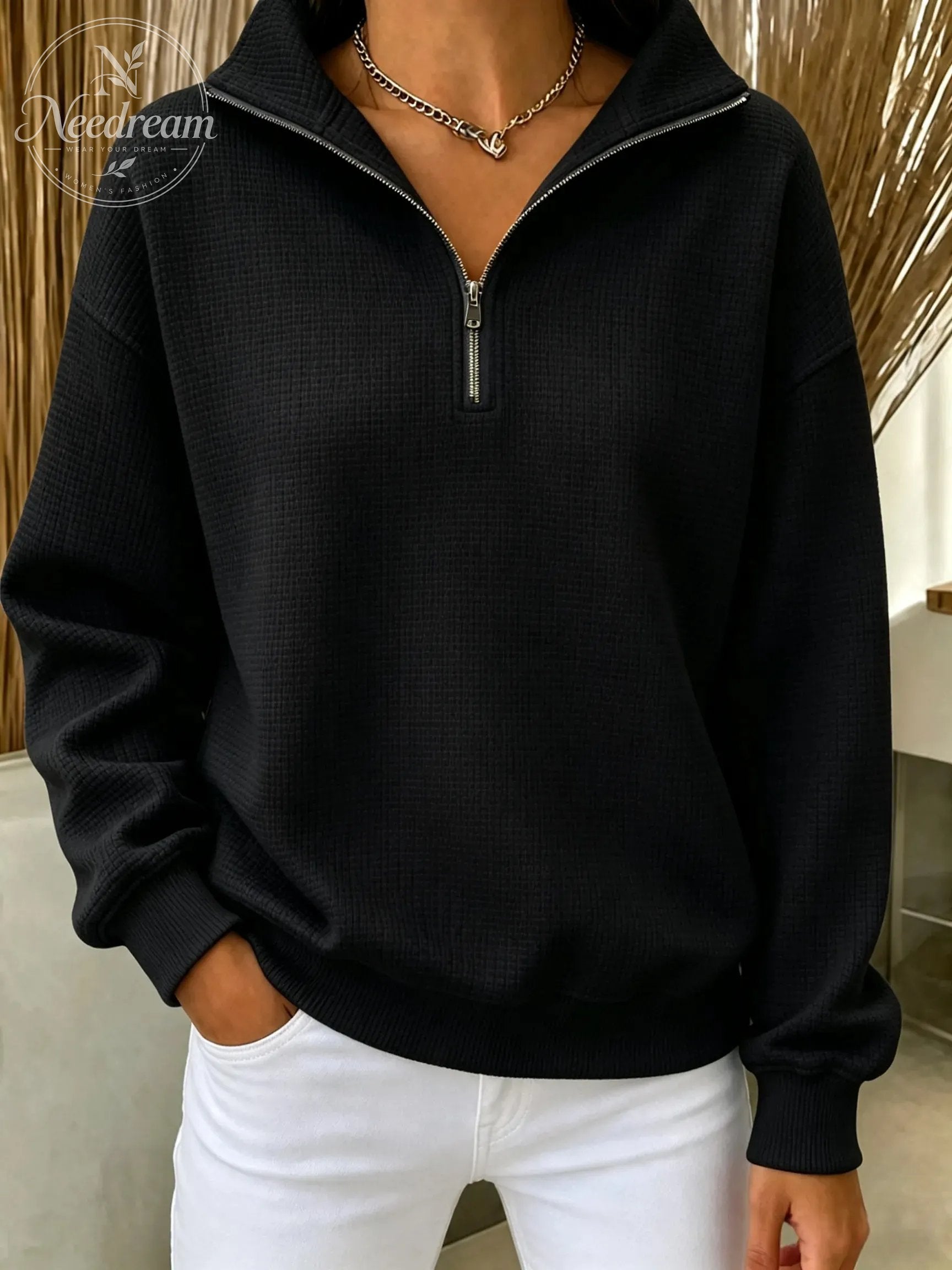 Women's Waffle Knit Quarter-Zip Sweatshirt