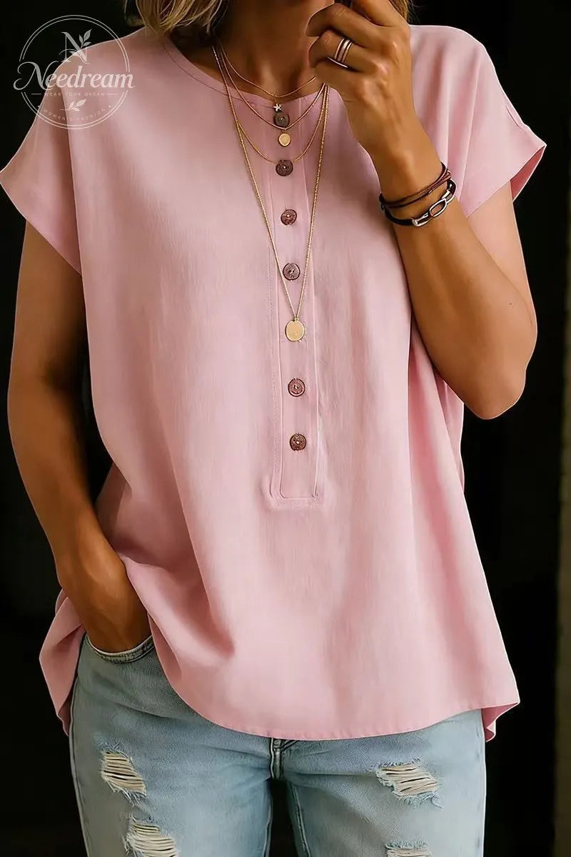 Button-Down Solid Color Elegant Retro Fashion Round Neck Short Sleeve