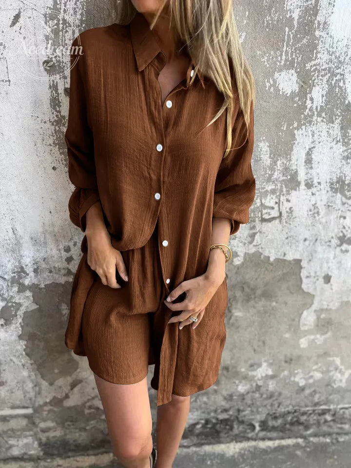Women'S Casual Solid Color Cotton And Linen Shorts Long Sleeve Wrinkled Shirt Two Piece Set