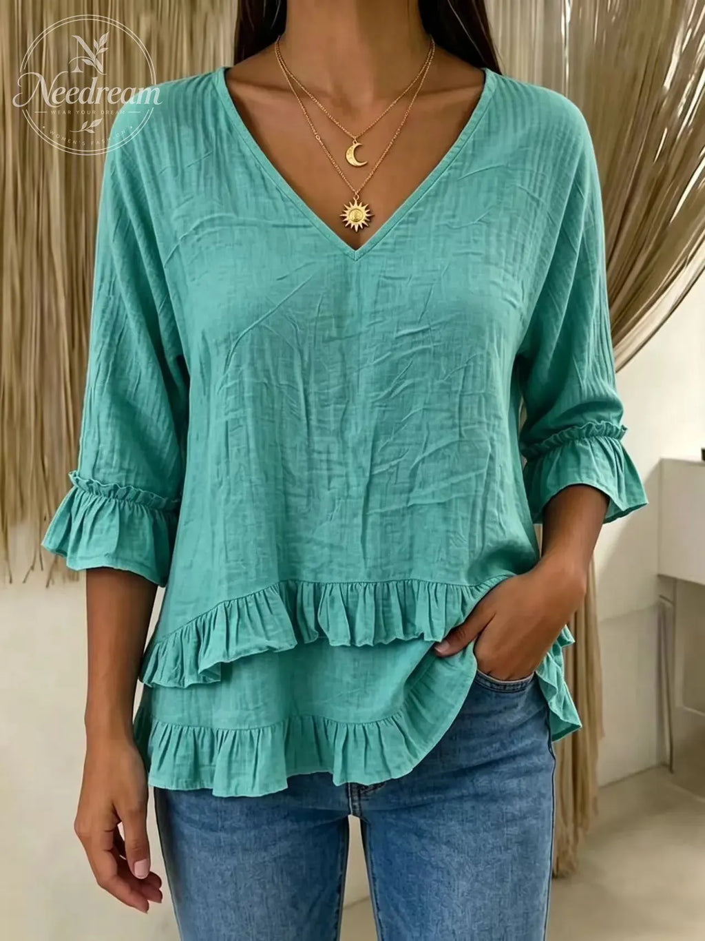 Women's V-Neck Cotton-Linen Top with Ruffled Hem