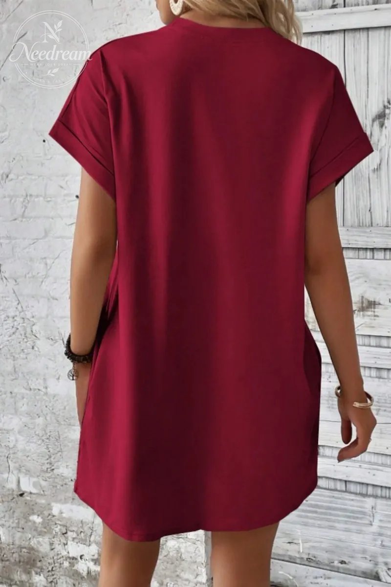 Casual Minimalist Round Neck Roll Up Sleeve Dress