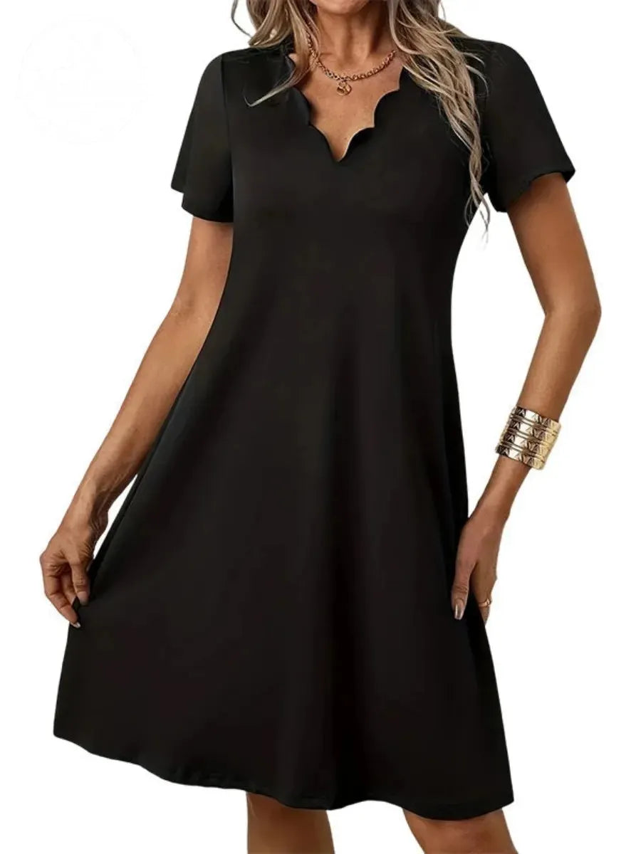 Women's Scalloped V-Neck High Waist Solid Color Dress