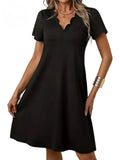 Women's Scalloped V-Neck High Waist Solid Color Dress