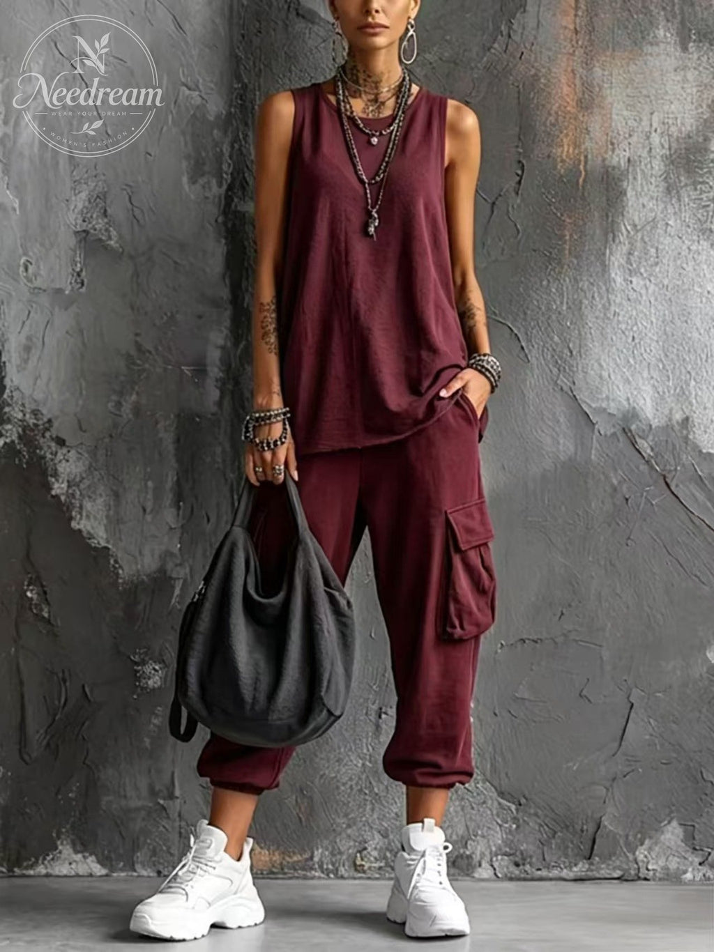 Women's Casual Style Dark Gray Cotton Blend Sleeveless Top + Jogger Cargo Pants Set