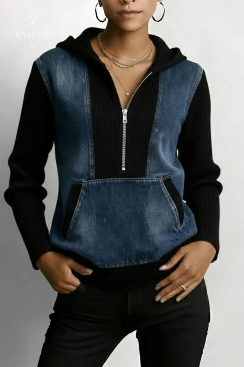 Women's Casual Two Tone Patchwork Half Zip Hooded Long Sleeve Blouse