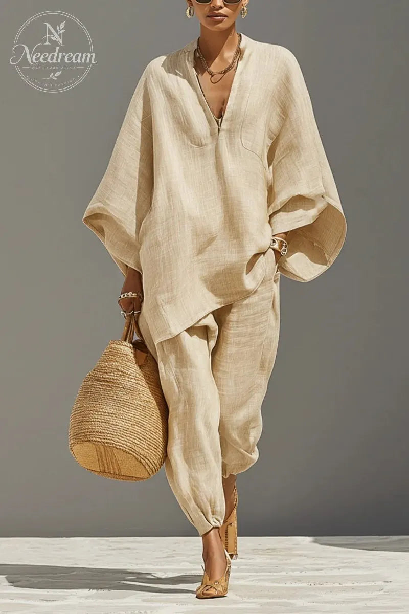 Women's Neutral Linen Set With Asymmetric Hem & Minimalist Design, Sophisticated Daily-Casual Style Set
