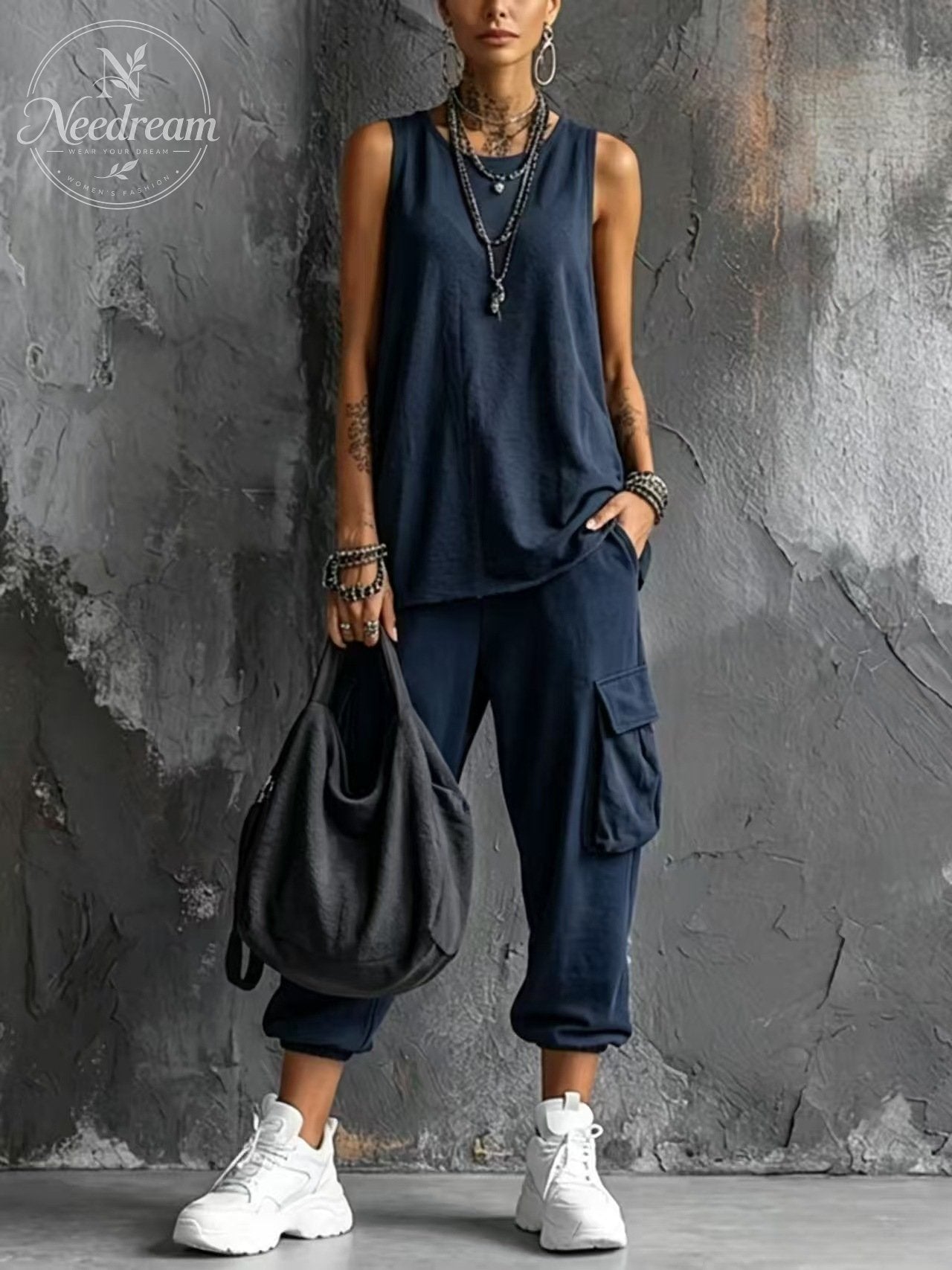 Women's Casual Style Dark Gray Cotton Blend Sleeveless Top + Jogger Cargo Pants Set