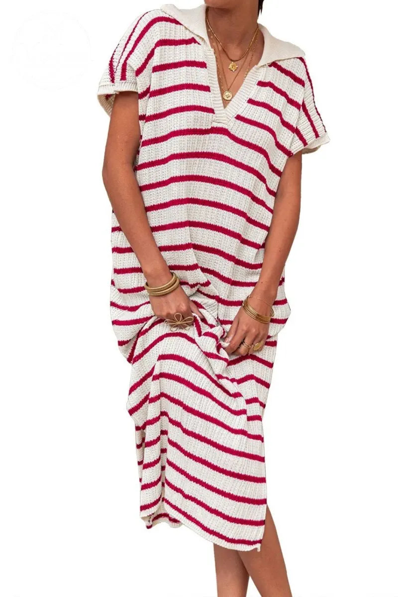 Womens Striped Summer Dresses Short Sleeve V Neck Knit Collared Sexy Slit Loose Maxi Sweater Dress