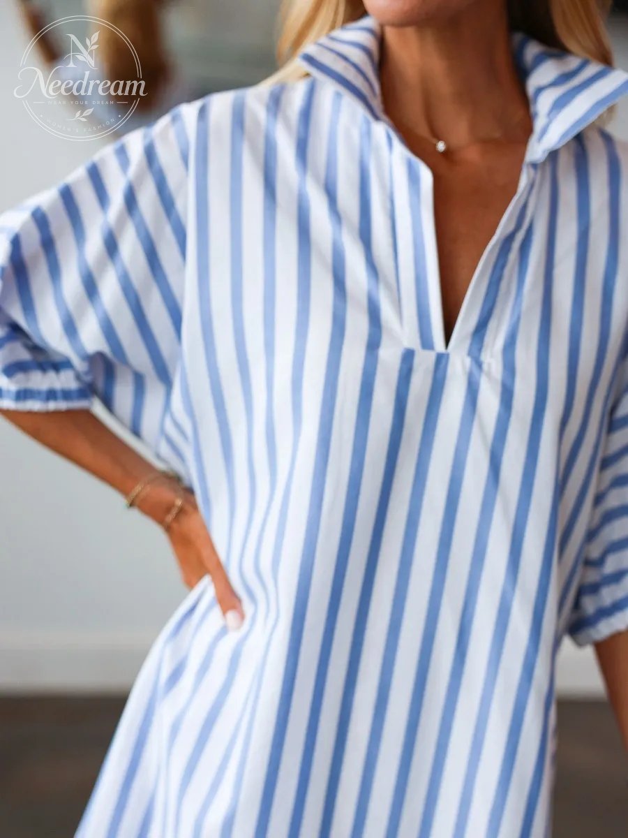 Short Sleeve Striped Dress - Blue
