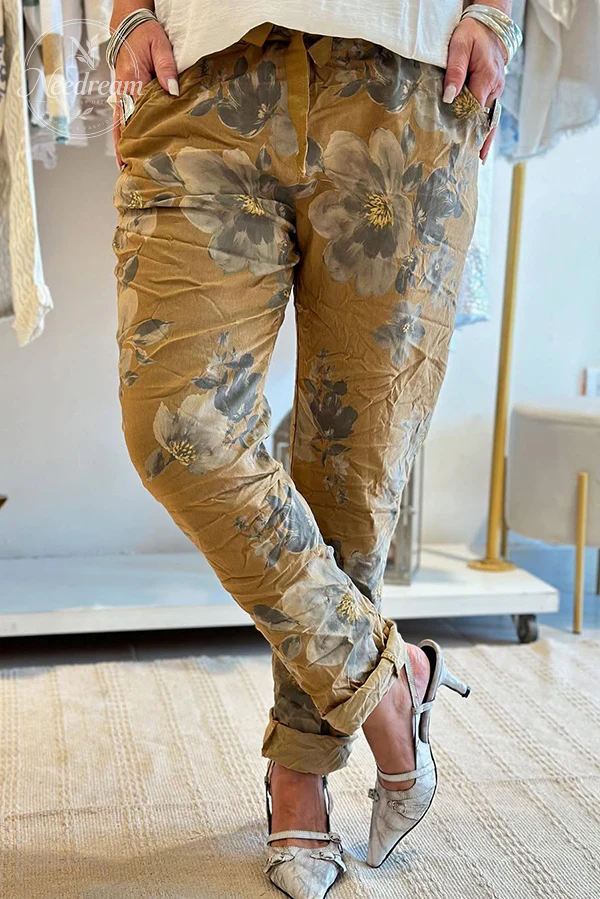 Women'S Floral Print Elastic Waist Casual Pocket Pants  (With Pockets)