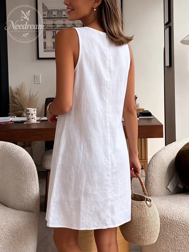 Simple And Casual Solid Color A-Line Cotton And Linen Dress