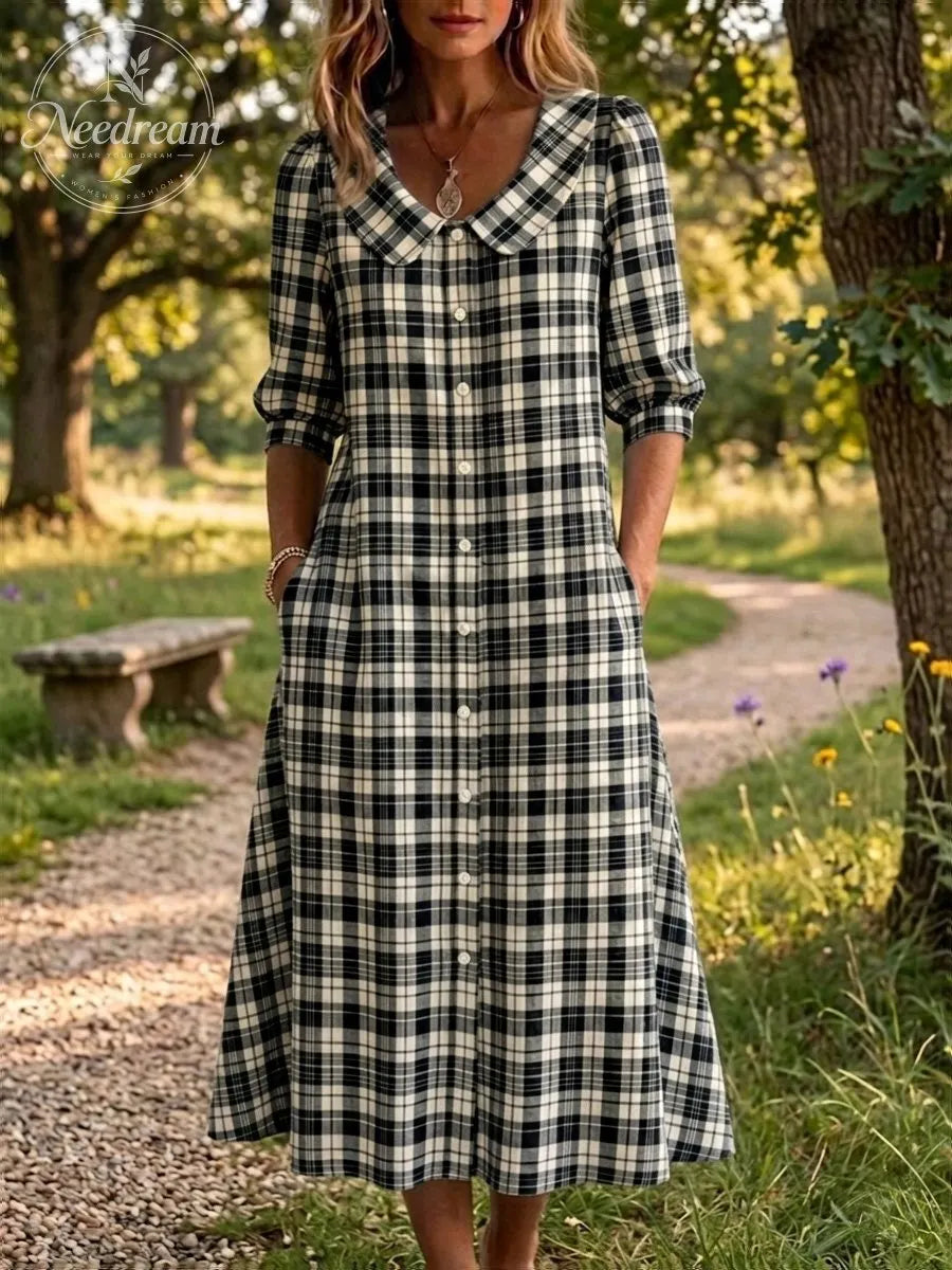 Clearance Sale🔥 Women's Retro Peter Pan Collar Stripe Print Cotton Linen Dress