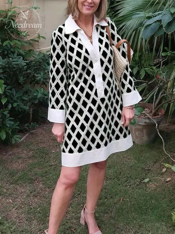 NEW🔥 Diamond Plaid Lace Cutout V Neck Shirt Dress