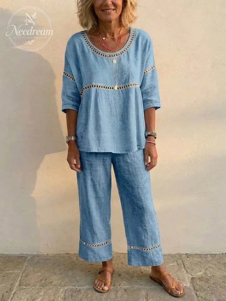 🔥 Women's Vintage Eyelet Casual Loose-Fit Linen Linen Two-Piece Set