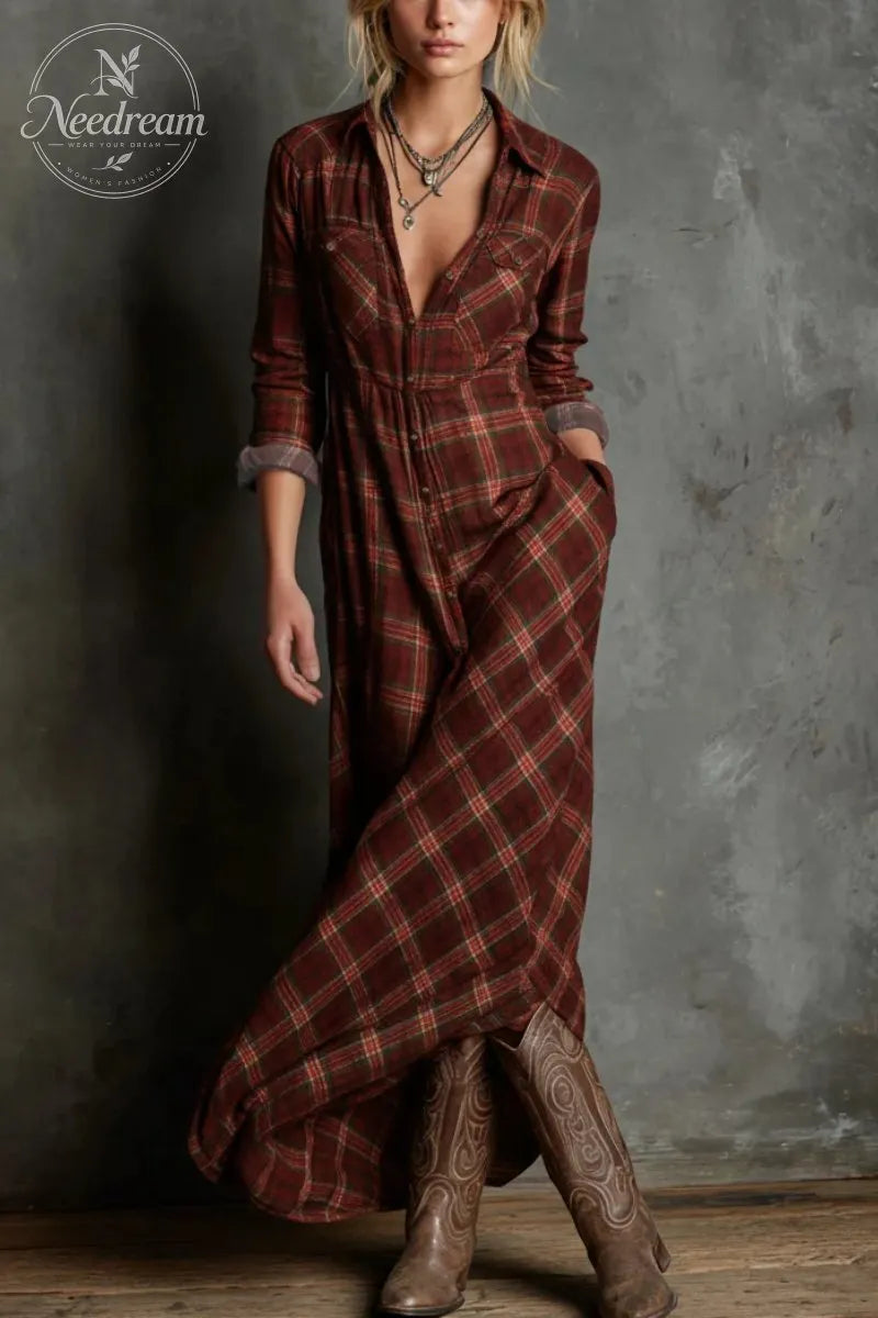 Women's Plaid Lapel Single-Breasted Shirt Maxi Dress