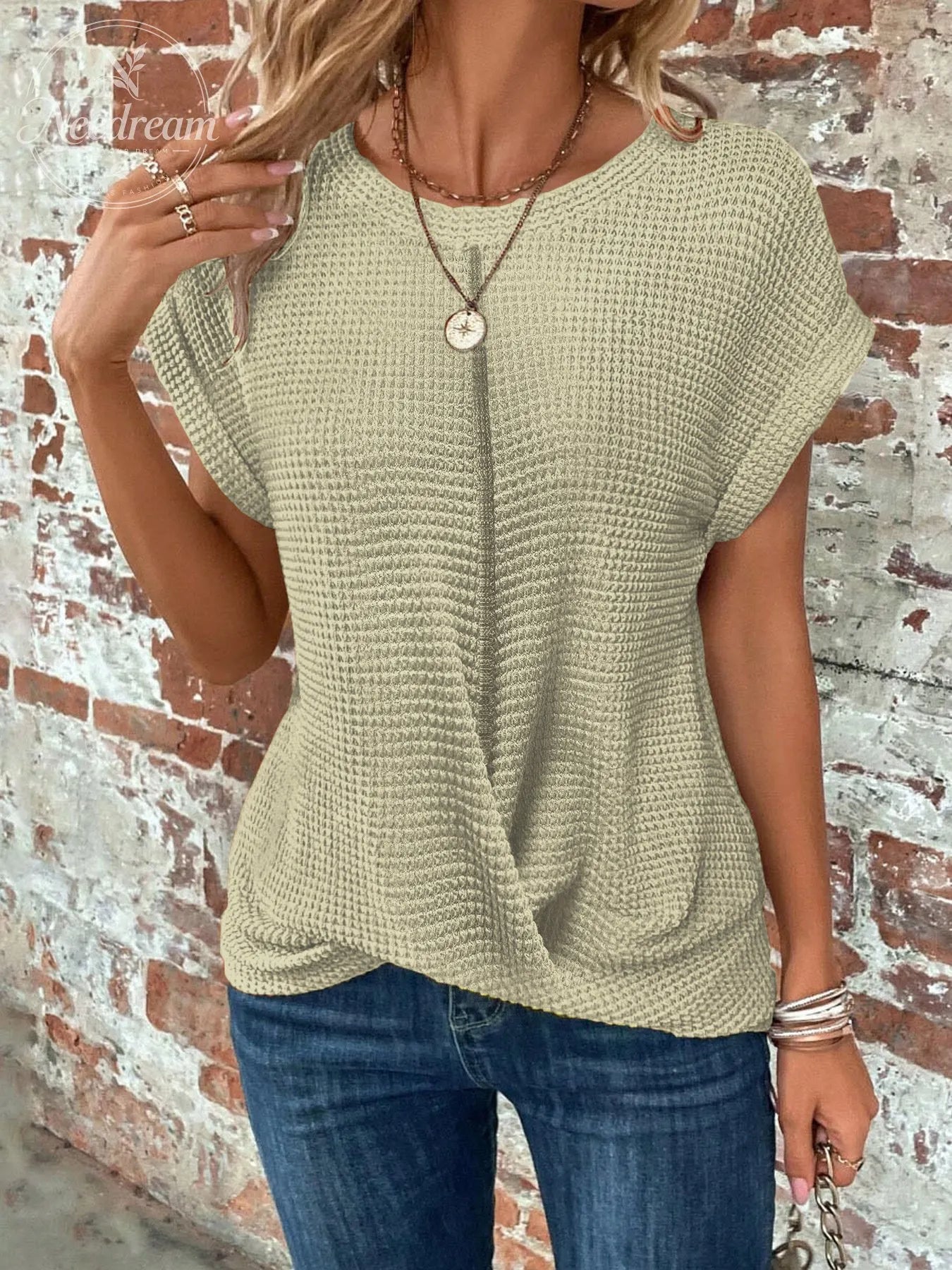 Women's Elegant Crew-Neck Short Twisted-Hem Top