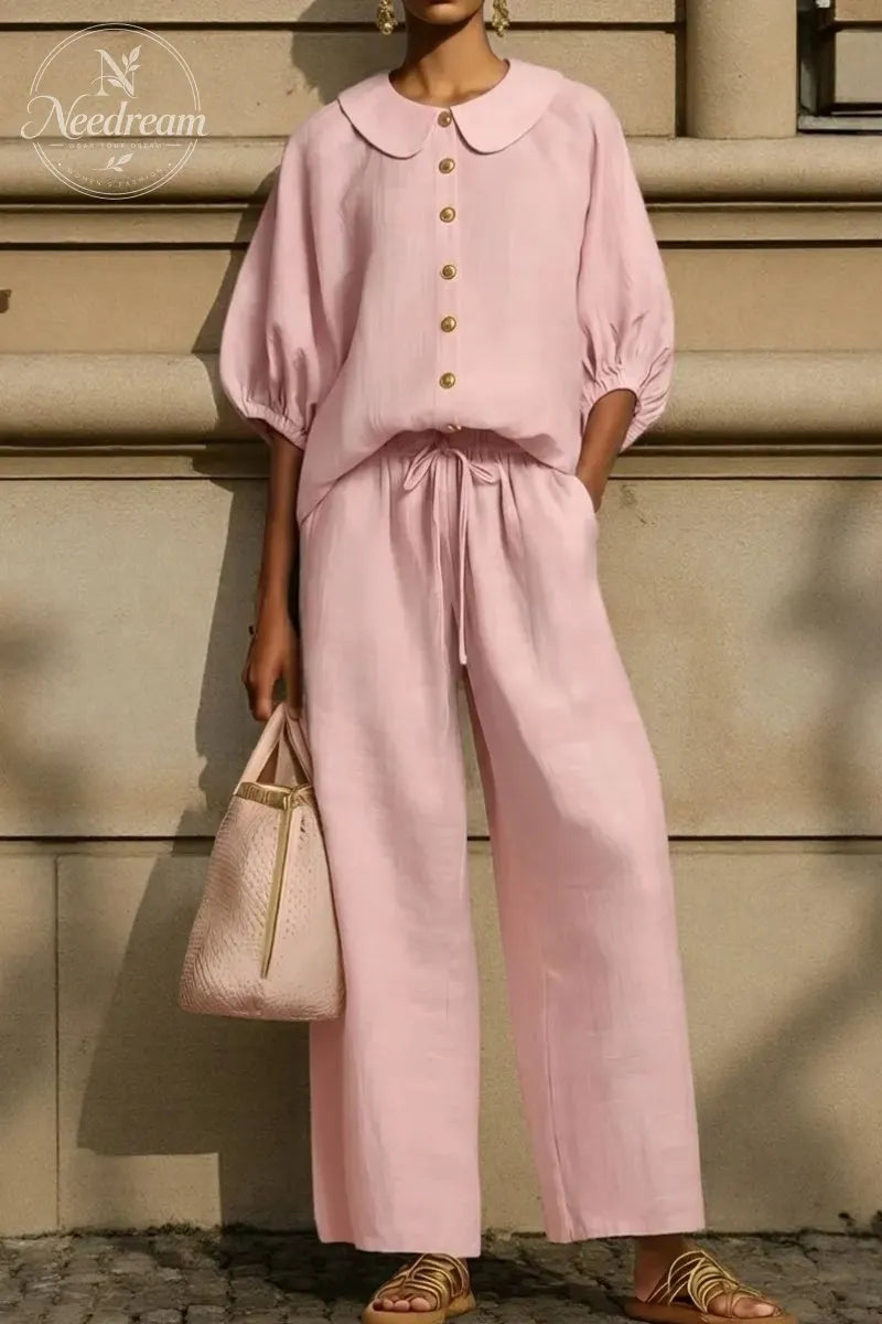 New Arrivals🔥Stylish Peter Pan Collar Shirt And Wide-leg Pant Linen Two-piece Set