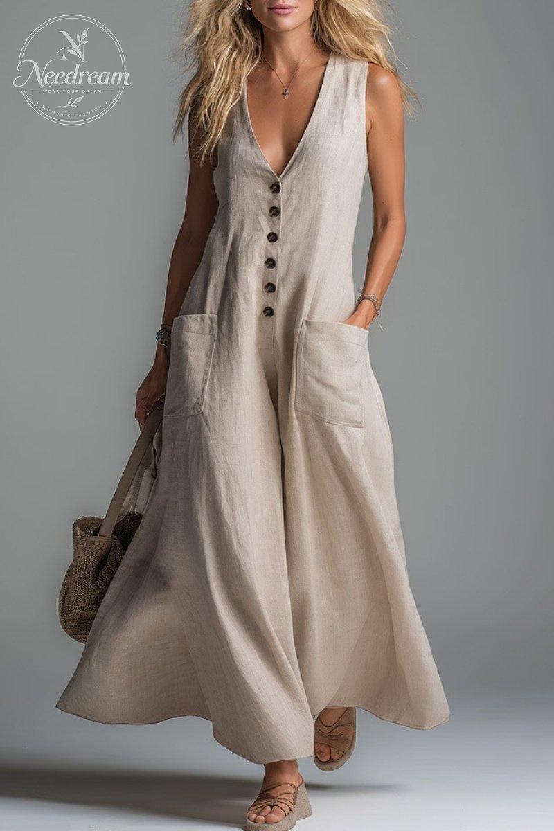 Pocket V-neck Solid Color Casual Dress