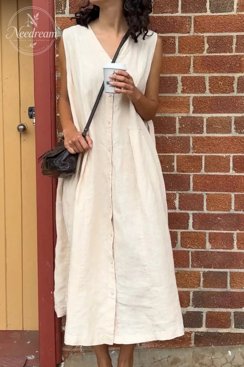 Through French Linen V-Neck Dress